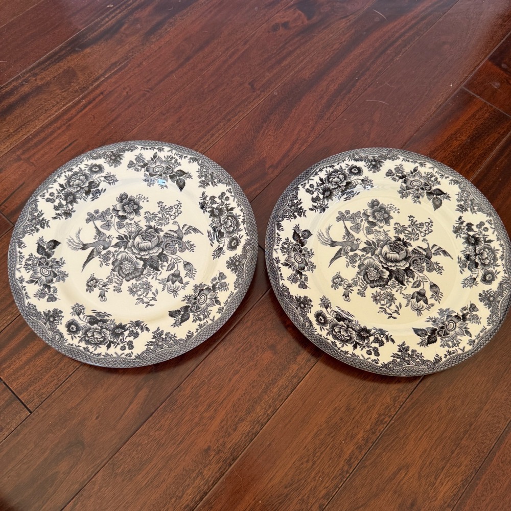 Johnson Bros Asiatic Pheasant Plates Set 2 Black Floral 11" England